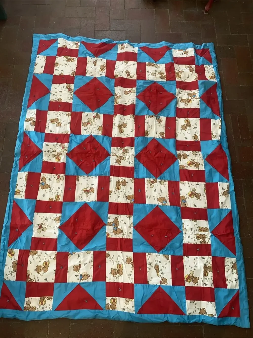 Vintage Handmade Patchwork Quilt Blue Red Baby Bear Honey 62”x 47” Blanket Throw